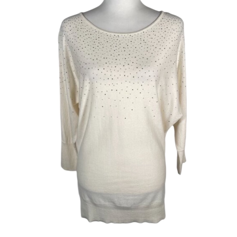 Elle Ivory Cream Boatneck Studded Front Batwing 3/4 Sleeve Pullover Sweater S